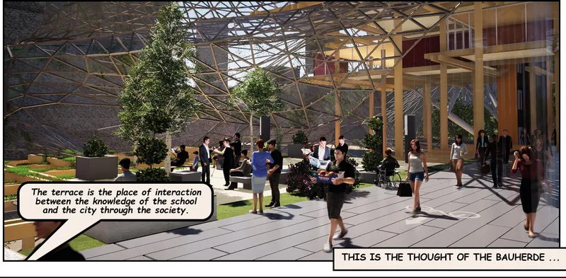 Outdoor timber deck terrace beneath a latticed geodesic canopy with students seated and standing