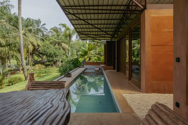 Narrow lap pool along the covered terrace with timber decking and rammed earth wall
