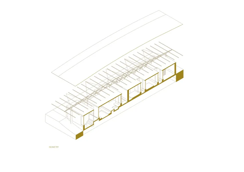Isometric drawing showing timber framing and clay modules under a continuous gabled roof
