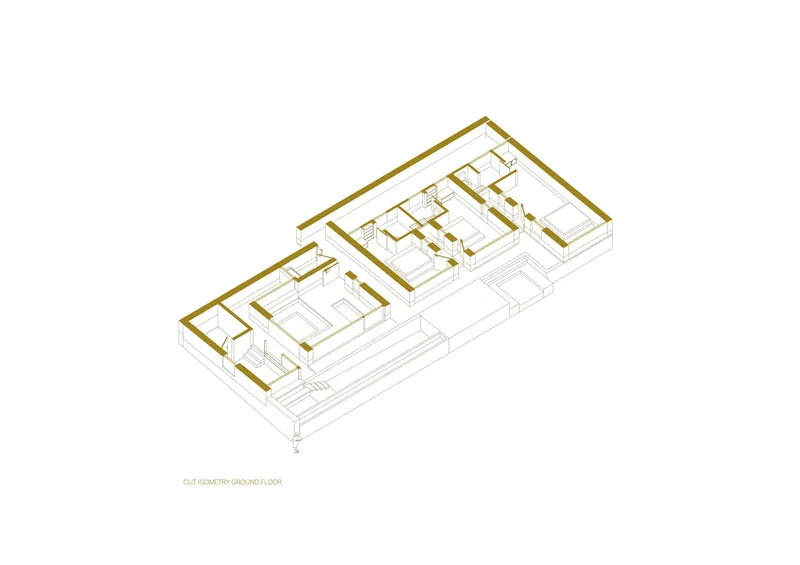 Axonometric drawing showing a linear arrangement of rooms with highlighted perimeter walls and entry terrace