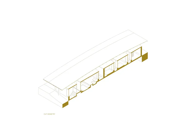 Axonometric drawing showing clay construction modules beneath a long pitched roof structure