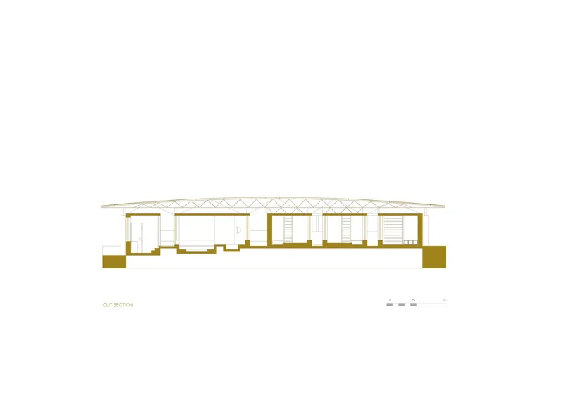 Section drawing showing the interior volumes beneath a flat truss roof with flanking masses at each end