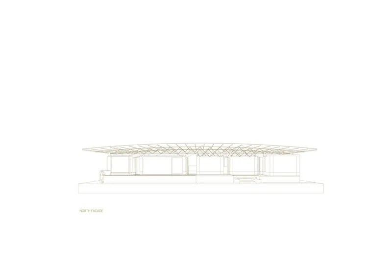 North elevation drawing displaying the full-width truss roof structure supported by slender columns along the facade
