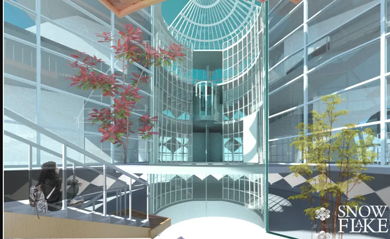 Interior atrium with glass curtain wall, circular pool, and deciduous trees in autumn and spring foliage
