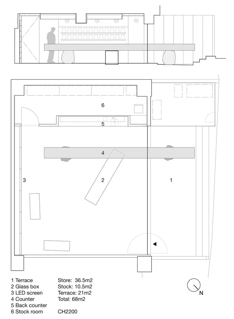 Floor plan and section drawing showing retail layout with numbered zones and a human figure for scale