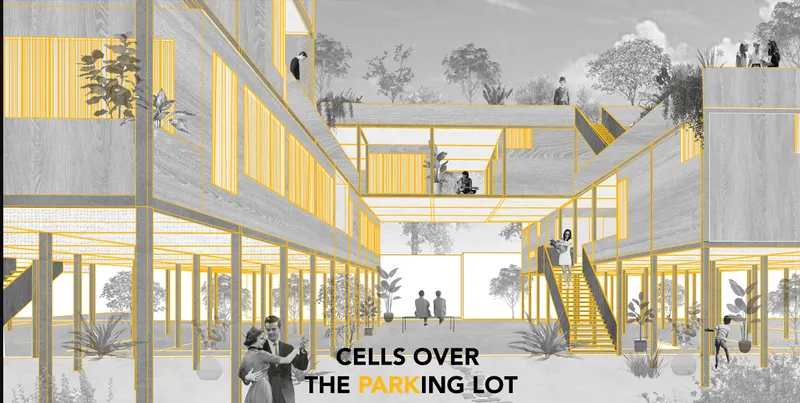 Section perspective showing stacked modular cells with yellow framing and rooftop gardens above ground-level parking