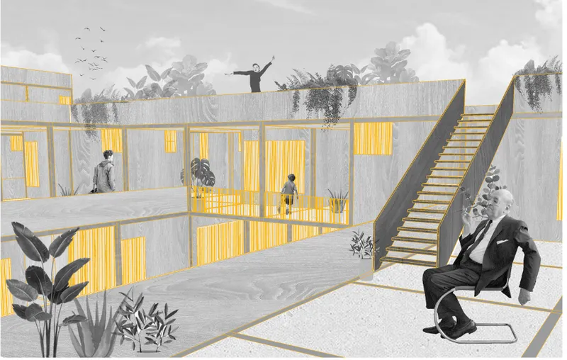 Rendered courtyard view with an exterior staircase connecting planted roof terraces and open-air communal levels