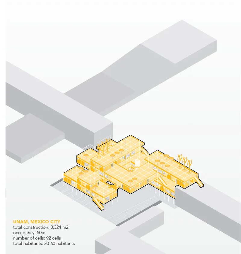 Axonometric drawing of a branching residential complex with yellow-toned interior spaces and surrounding context blocks