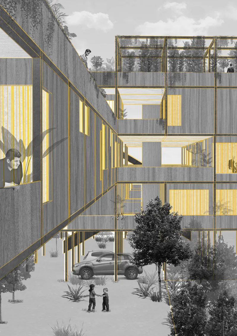 Elevated perspective of stacked concrete-clad volumes with illuminated yellow interiors and vegetation on upper terraces