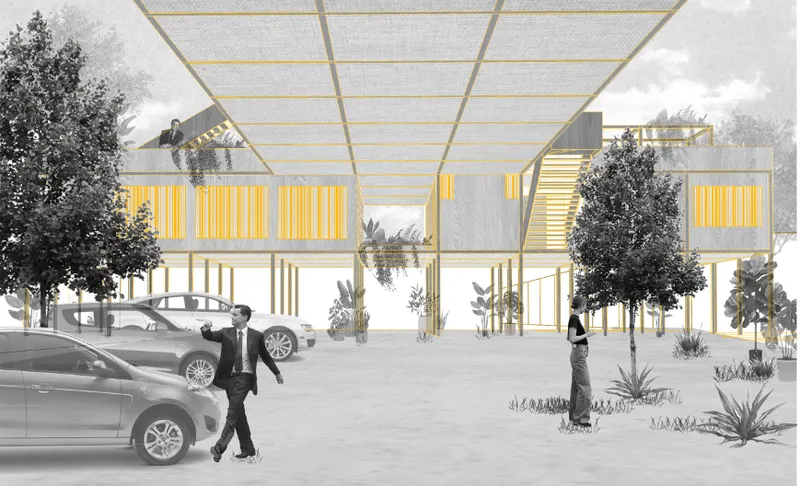 Street-level rendering showing the trellis canopy structure over ground-floor parking with pedestrians and planted beds