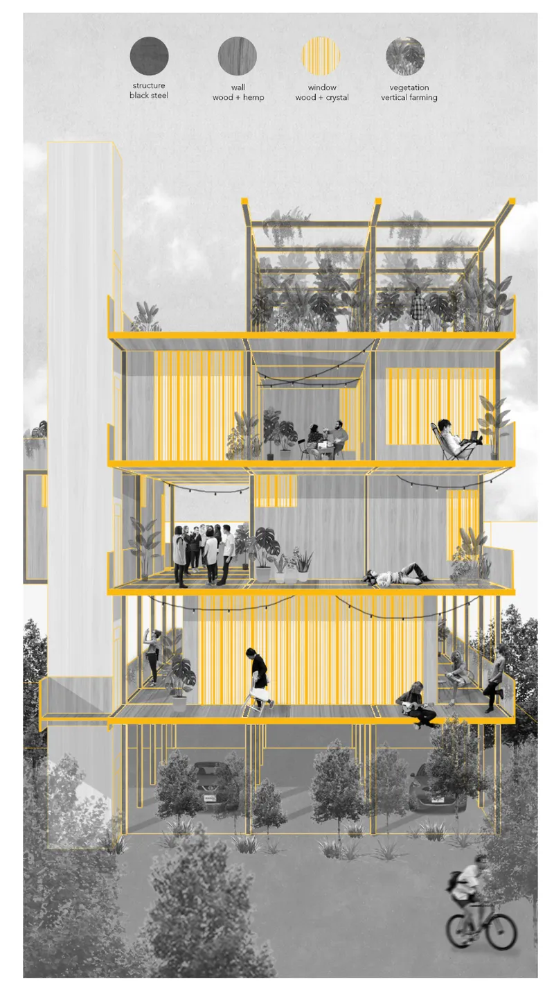 Section drawing revealing four levels of open-plan living units with yellow framing and a cyclist passing below