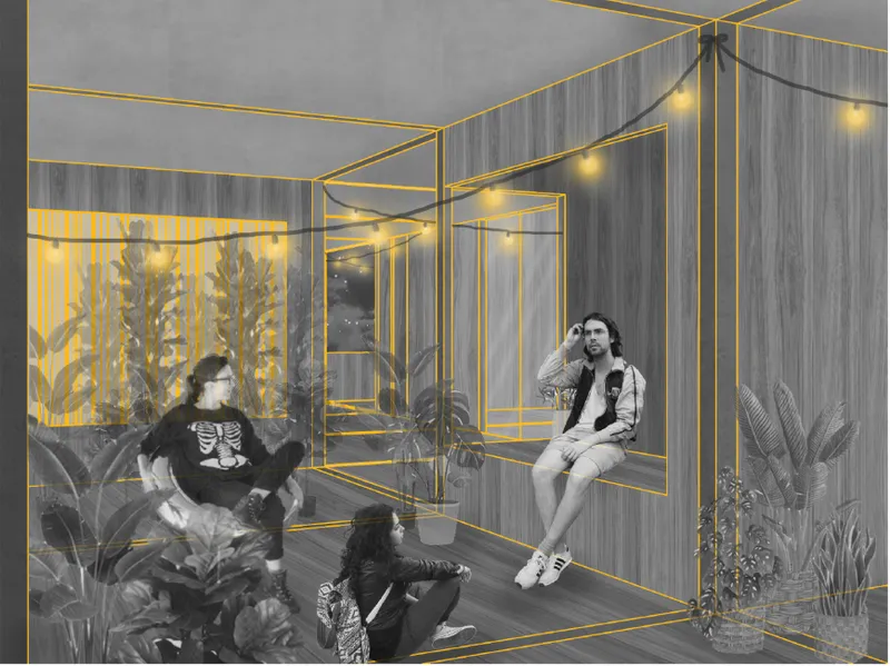 Rendering of interior corner with yellow metal frame structure and three figures seated among potted plants