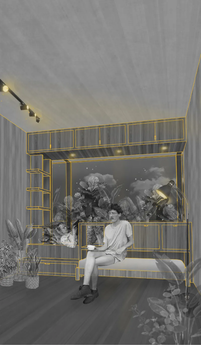 Rendering showing yellow metal frame bench against slatted wall with seated figure and tropical mural behind