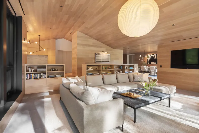 Open living space with continuous wood ceiling and built-in shelving under a globe pendant