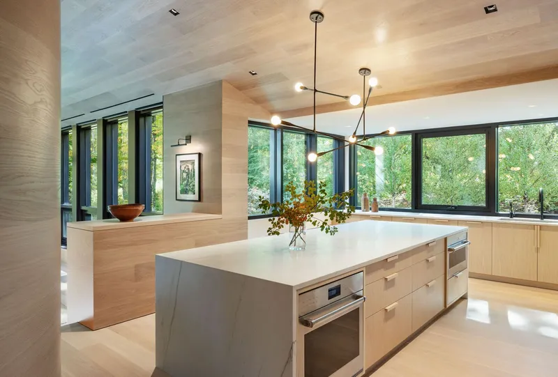 Kitchen island with white stone top beneath branching light fixture and windows to the trees