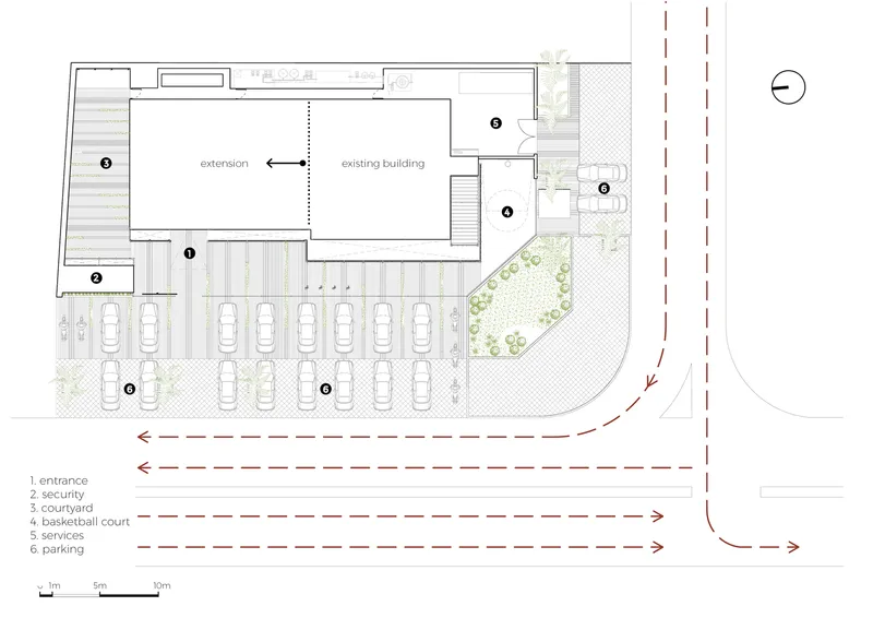 Site plan drawing showing extension, parking area, basketball court, and landscaped corner zone