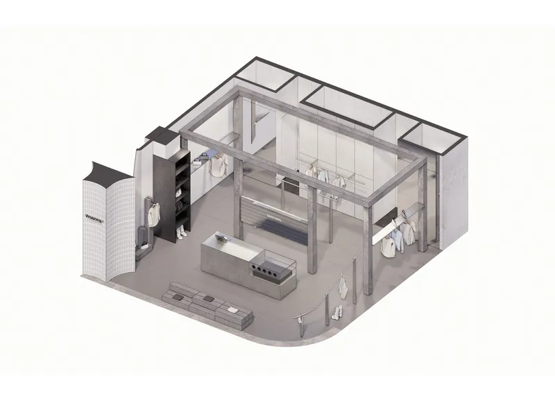 Axonometric cutaway drawing revealing the retail interior layout with display tables, clothing racks and fitting rooms
