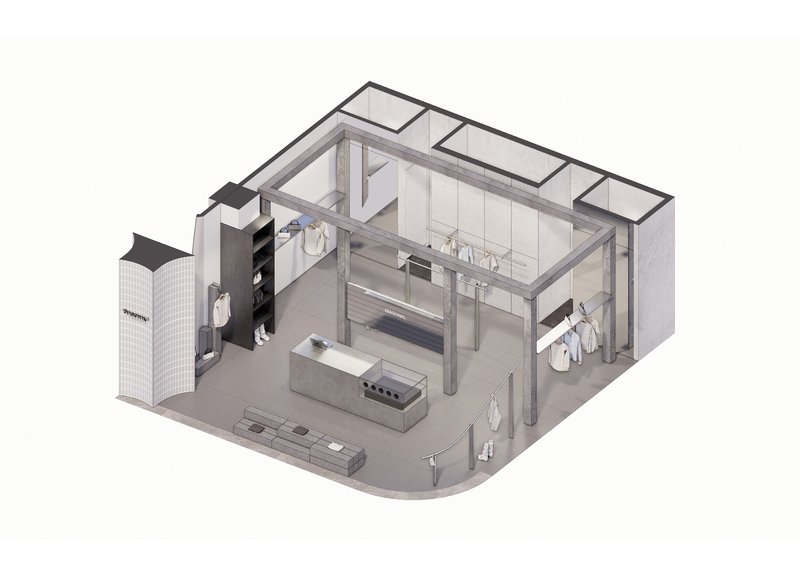 Axonometric cutaway drawing revealing the retail interior layout with display tables, clothing racks and fitting rooms