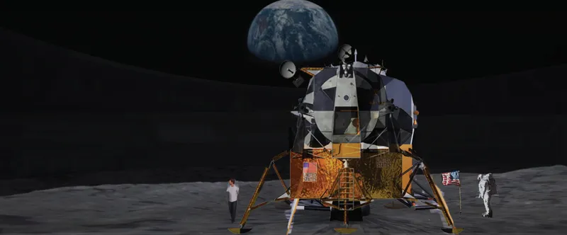 Rendering of lunar module with gold foil legs on the moon's surface with Earth rising above