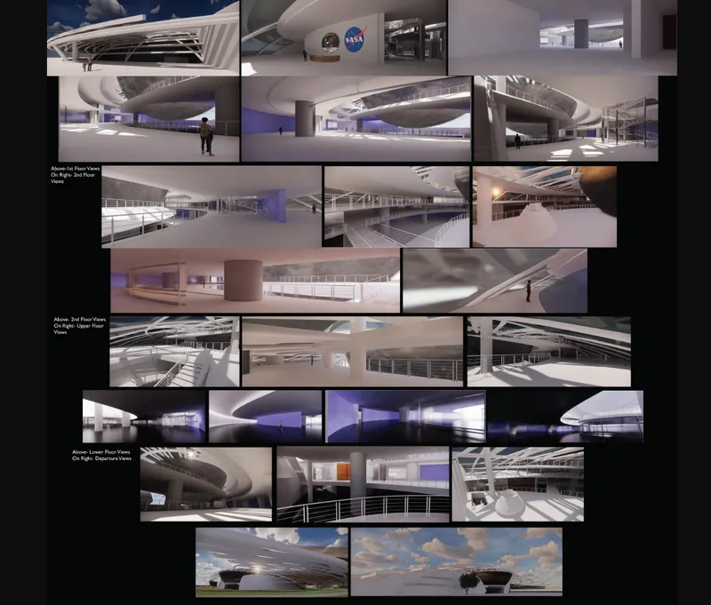 Contact sheet of interior renderings showing curved ramps, exhibition floors, and dramatic overhead discs in ambient lighting
