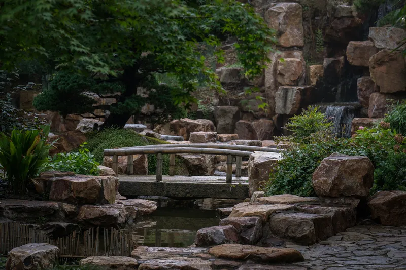 Timber footbridge crossing a stream among stacked boulders and planted shrubs
