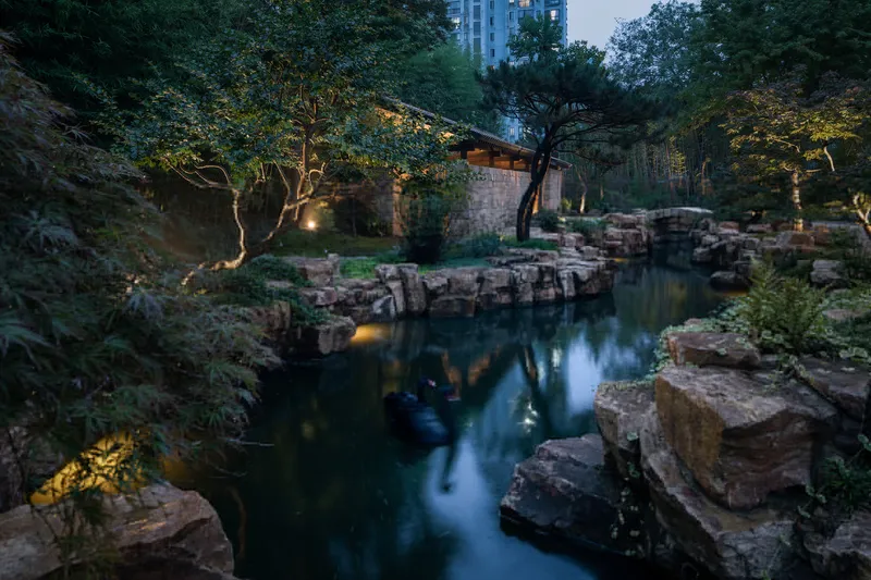 Garden pond with stacked stone edges and uplighting beneath trees at twilight