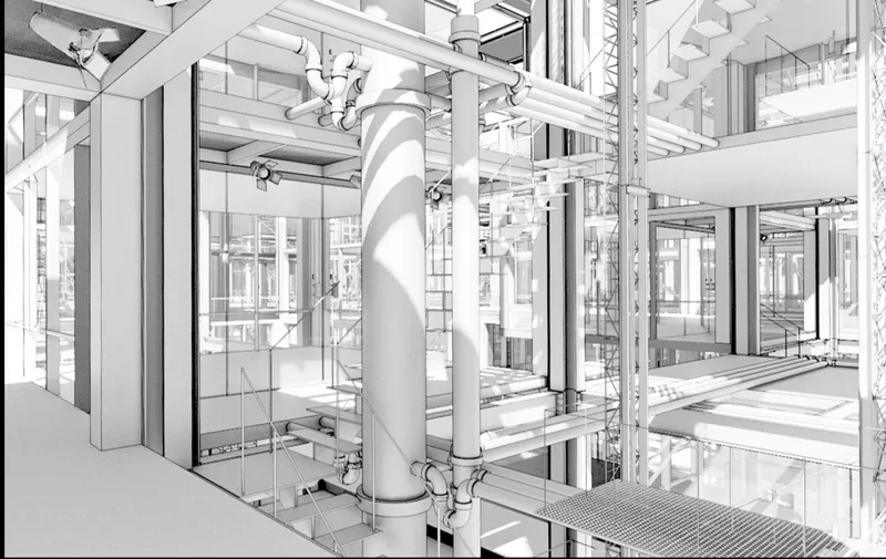 Rendered section view showing a cylindrical column with exposed mechanical systems and glass-walled lift shafts