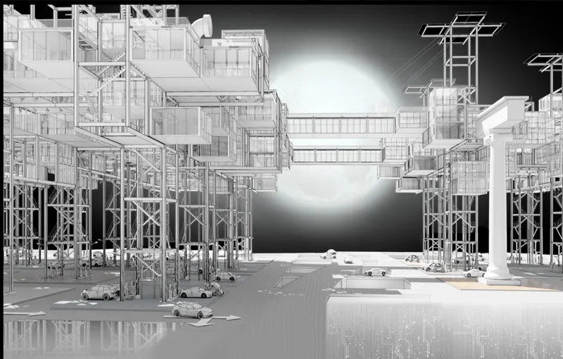 Rendered aerial view of the modular housing complex with elevated bridges and rooftop solar panels