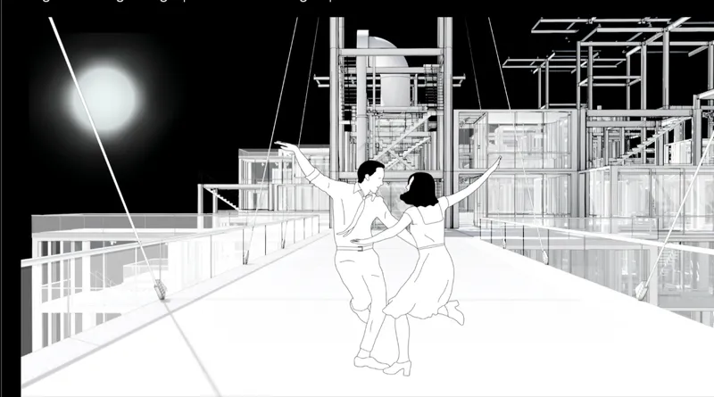 Line drawing of two figures embracing on an elevated walkway beneath suspended cable lighting