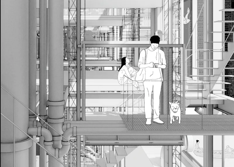 Line drawing showing two people and a dog on an outdoor platform with exposed ductwork
