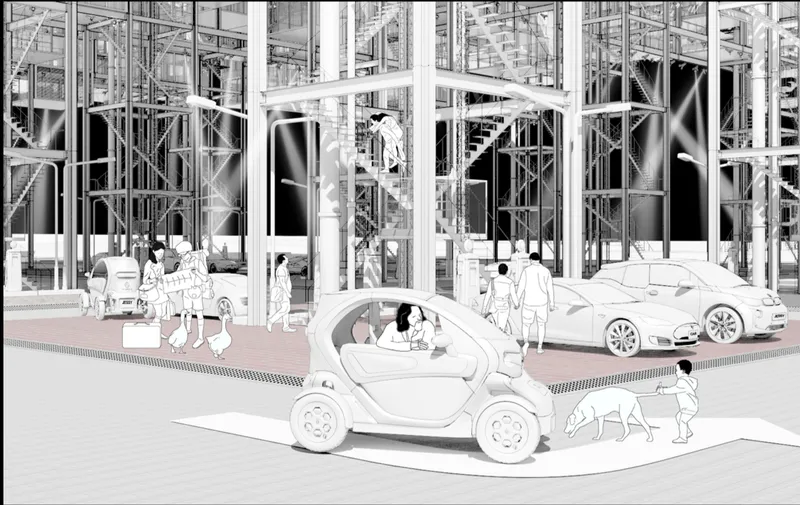 Sectional perspective drawing showing ground floor with pedestrians, cars and dog among exposed steel structural frame