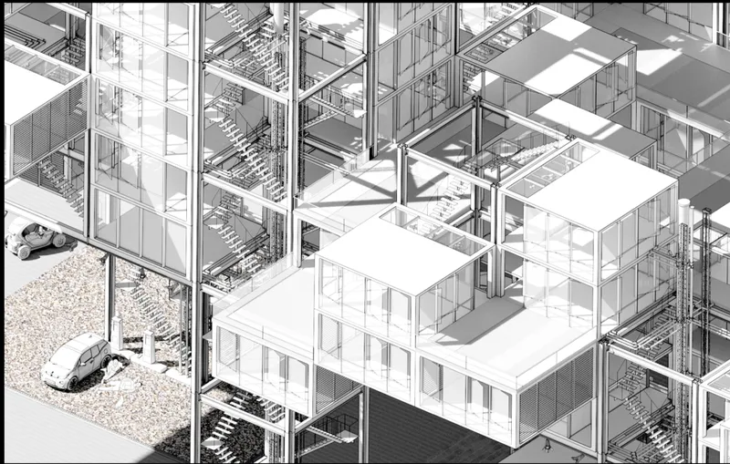 Axonometric drawing revealing stacked residential units within exposed steel framework and external staircases