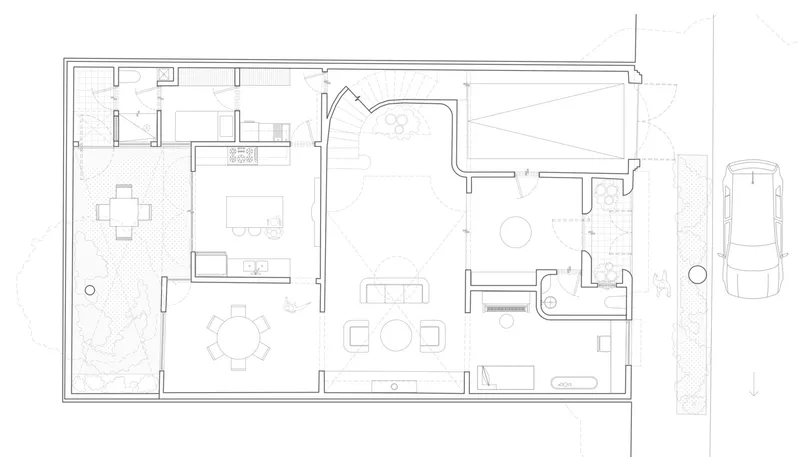Floor plan drawing showing an open-plan residence with kitchen, living spaces, bedrooms and adjacent parking area