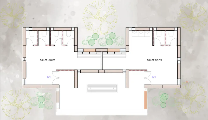 Floor plan drawing showing symmetrical toilet facilities flanking a central courtyard with trees