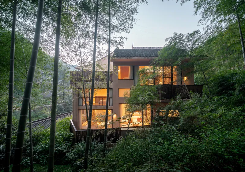 Glass facade glowing at dusk through bamboo grove on a hillside