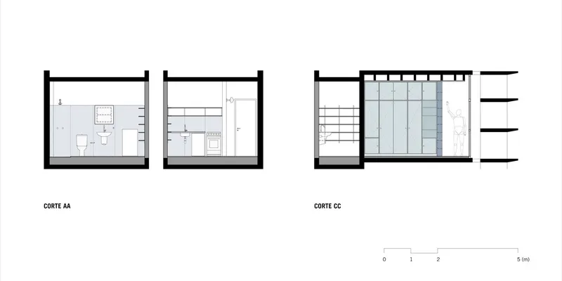 Section drawings showing bathroom layout, kitchen elevation, and multi-story living space with blue storage wall
