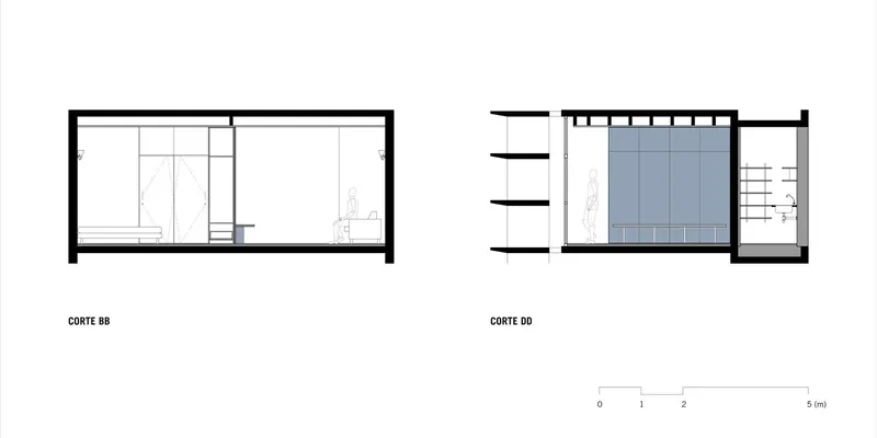 Section drawings showing two different cuts through a rectangular volume with central partition and blue material panel