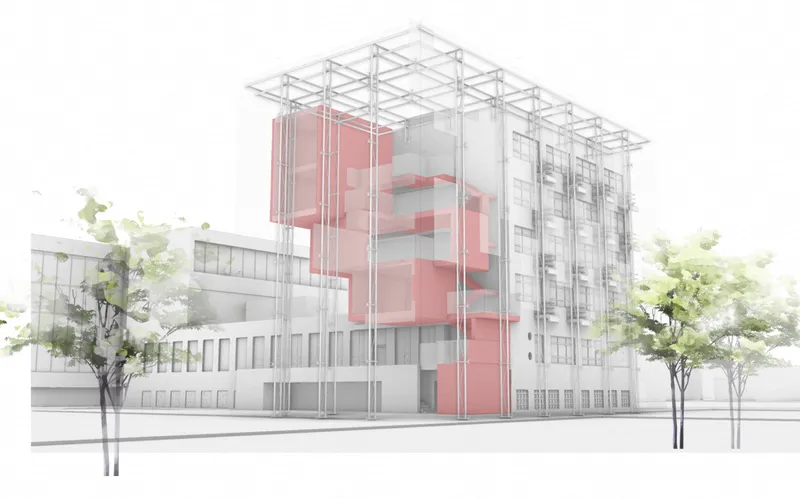Rendering showing the transparent steel frame canopy extending over a white facade with red volumes