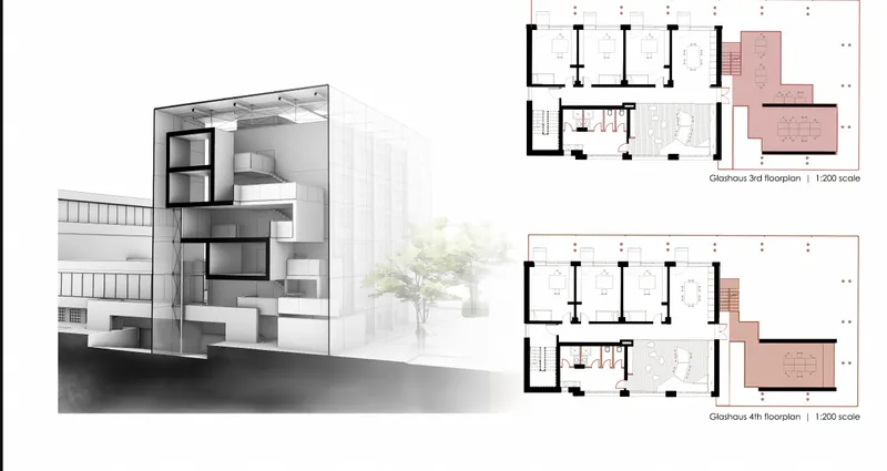 Architectural section drawing with adjacent floor plans showing classroom layout and vertical spatial arrangement