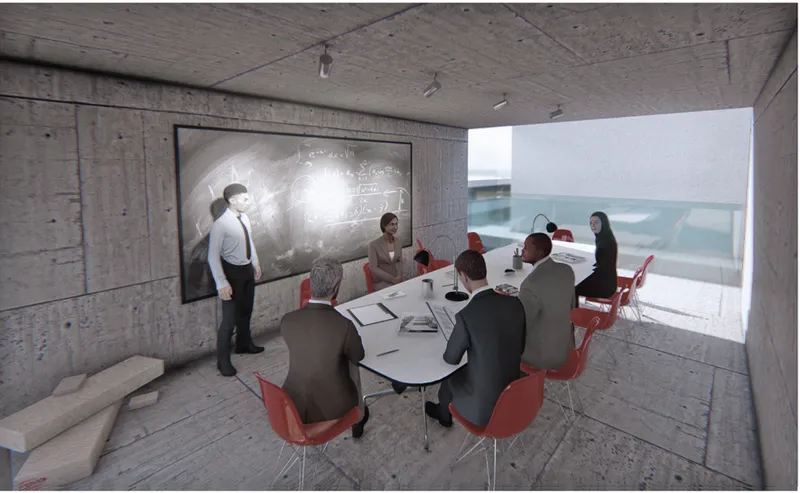Conference room with board-formed concrete walls and red chairs gathered around a table