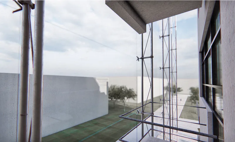 View from the glazed facade through the steel truss frame toward the landscaped plaza