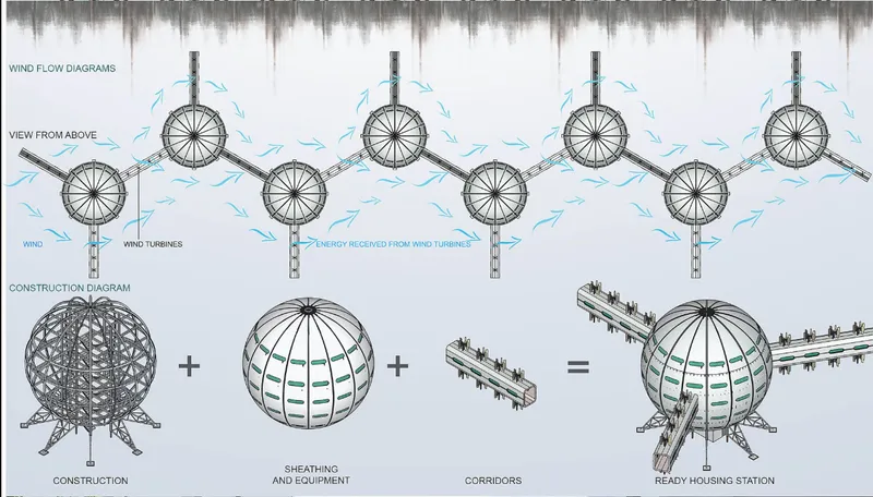 Diagram showing wind turbine arrays and the assembly sequence of spherical housing modules with structural frames