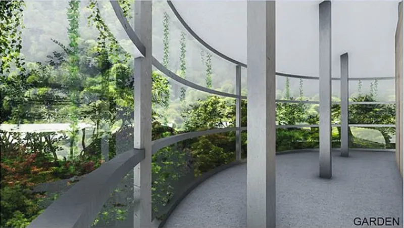 Interior curved corridor with columns and hanging vegetation along the glass perimeter overlooking green hillsides