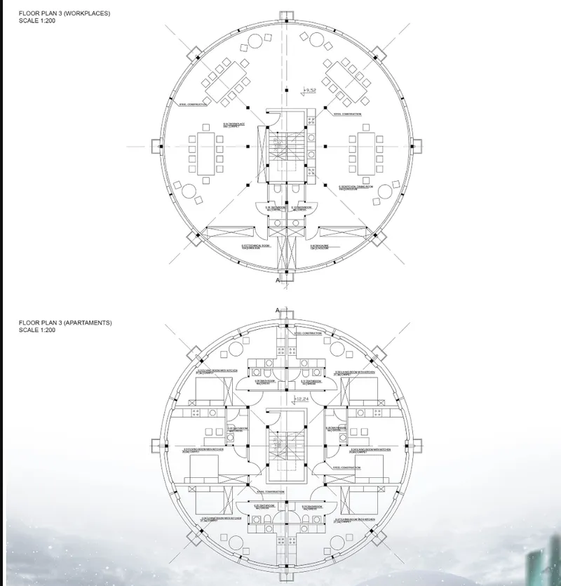 Floor plan drawings showing circular workspaces on one level and residential apartments on another