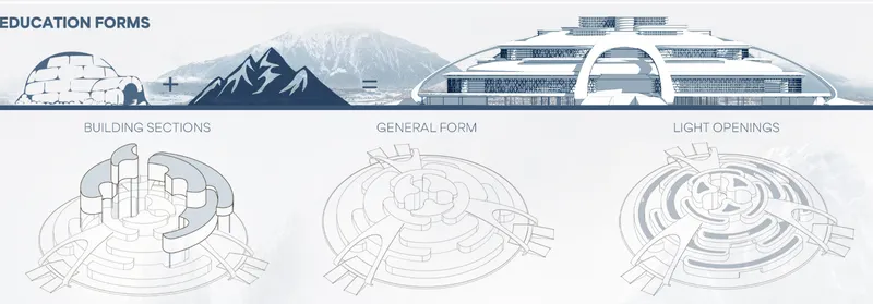 Diagram showing sectional and plan views of circular building forms with light openings and programmatic divisions