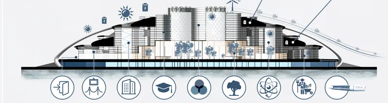 Section drawing showing domed structure with wind turbines, solar panels, and interior program icons below