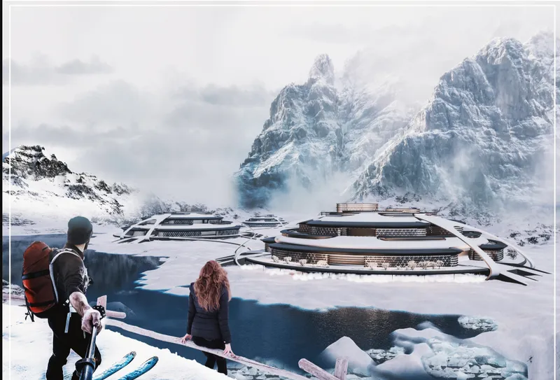 Two figures with skis overlook circular modular structures on a frozen lake beneath snowy peaks