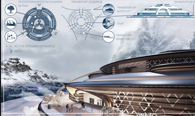 Circular building with layered horizontal bands and diamond patterned glazing beside a mountain lake in winter