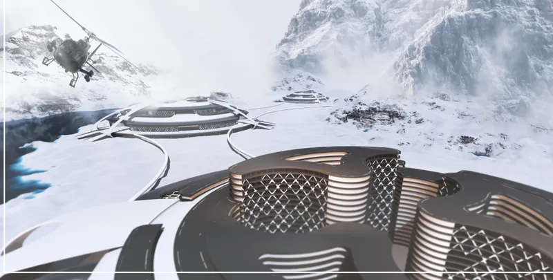 Aerial view of curved roof volumes with lattice and ribbed openings nestled in snow-covered mountain terrain