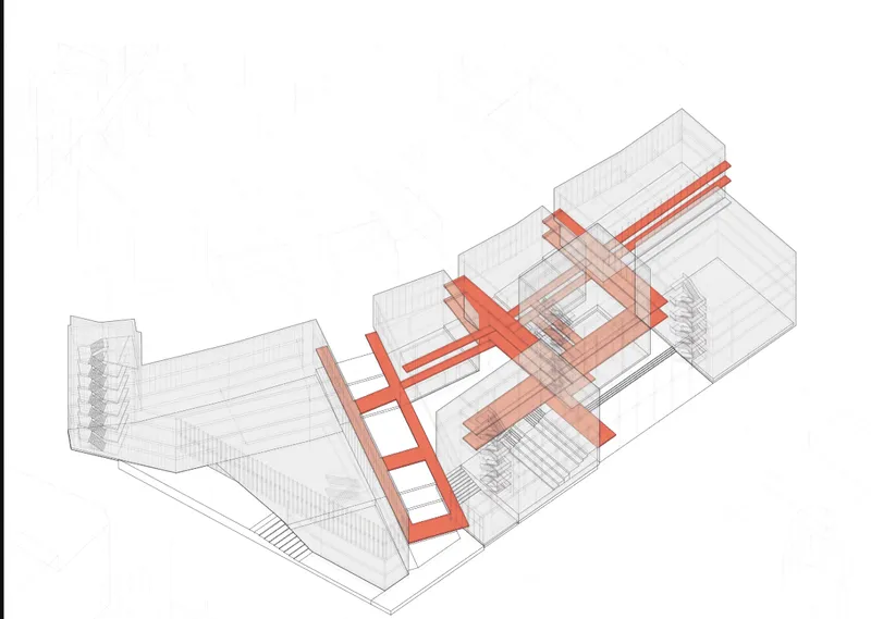 Axonometric drawing highlighting the red structural circulation cores and bridges within the transparent volume